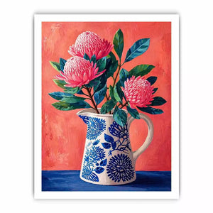 floral vase wall art canvas, pink flower botanical painting, modern still life artwork, blue ceramic vase art