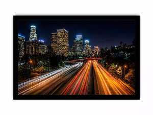 city skyline night wall art, urban light trails canvas, modern cityscape photography print, downtown night traffic artwork