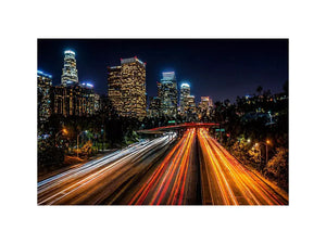 city skyline night wall art, urban light trails canvas, modern cityscape photography print, downtown night traffic artwork