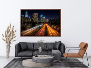 city skyline night wall art, urban light trails canvas, modern cityscape photography print, downtown night traffic artwork