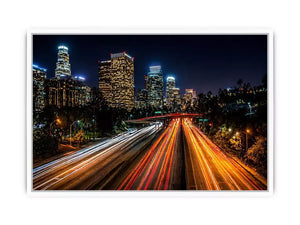 city skyline night wall art, urban light trails canvas, modern cityscape photography print, downtown night traffic artwork
