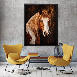 horse portrait wall art canvas, realistic horse painting decor, rustic equine artwork, brown white horse wall art
