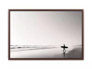 surfer beach wall art black white, minimalist ocean photography canvas, coastal silhouette artwork, serene beach decor
