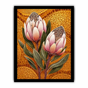 modern protea botanical wall art with golden textured background and pink floral illustration