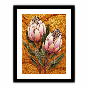 modern protea botanical wall art with golden textured background and pink floral illustration
