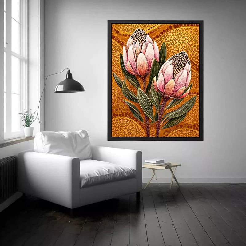 modern protea botanical wall art with golden textured background and pink floral illustration