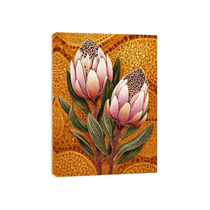 modern protea botanical wall art with golden textured background and pink floral illustration
