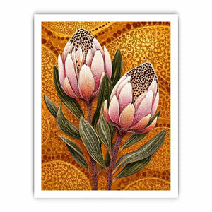 modern protea botanical wall art with golden textured background and pink floral illustration
