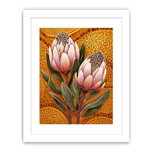 modern protea botanical wall art with golden textured background and pink floral illustration