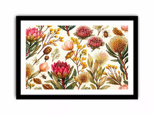 watercolor botanical floral pattern with bees and wildflowers wall art canvas