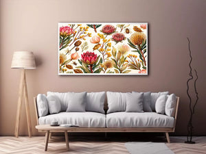 watercolor botanical floral pattern with bees and wildflowers wall art canvas
