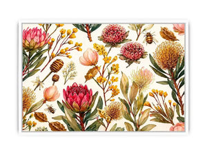 watercolor botanical floral pattern with bees and wildflowers wall art canvas