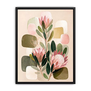 abstract botanical blush floral wall art with soft neutral shapes and green leaves