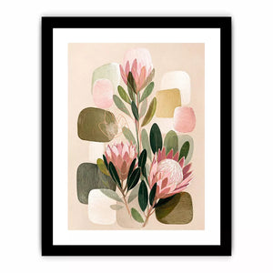 abstract botanical blush floral wall art with soft neutral shapes and green leaves