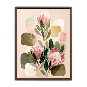 abstract botanical blush floral wall art with soft neutral shapes and green leaves