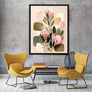 abstract botanical blush floral wall art with soft neutral shapes and green leaves