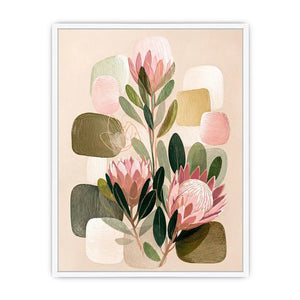 abstract botanical blush floral wall art with soft neutral shapes and green leaves