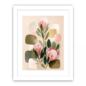 abstract botanical blush floral wall art with soft neutral shapes and green leaves