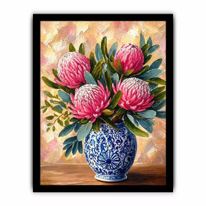 pink protea flowers in blue ceramic vase painting wall art canvas