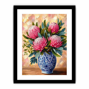 pink protea flowers in blue ceramic vase painting wall art canvas