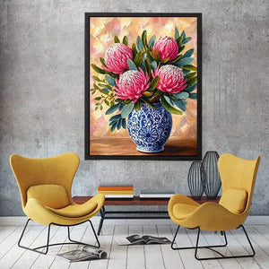 pink protea flowers in blue ceramic vase painting wall art canvas