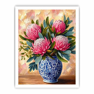 pink protea flowers in blue ceramic vase painting wall art canvas