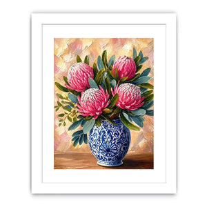 pink protea flowers in blue ceramic vase painting wall art canvas