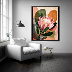 abstract protea flower botanical wall art with earthy tones and modern shapes