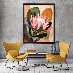 abstract protea flower botanical wall art with earthy tones and modern shapes