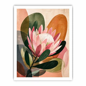 abstract protea flower botanical wall art with earthy tones and modern shapes