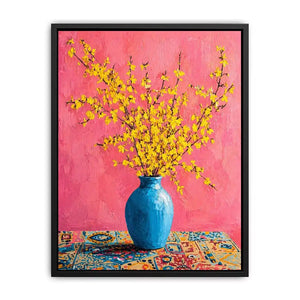 yellow flowers in blue vase on pink background modern floral wall art