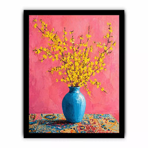 yellow flowers in blue vase on pink background modern floral wall art