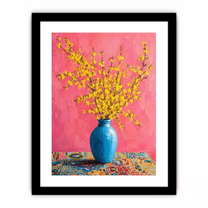 yellow flowers in blue vase on pink background modern floral wall art