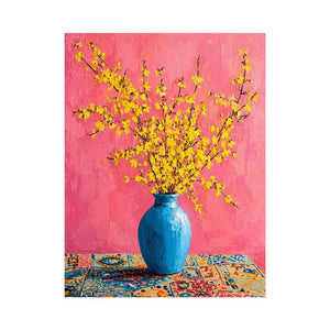 yellow flowers in blue vase on pink background modern floral wall art