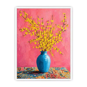 yellow flowers in blue vase on pink background modern floral wall art