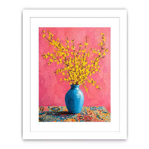 yellow flowers in blue vase on pink background modern floral wall art