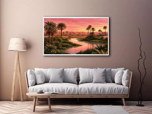 desert oasis sunset landscape with palm trees and water wall art canvas