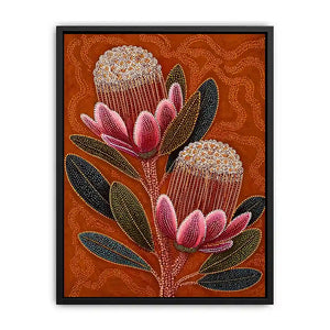 aboriginal dot art protea flower botanical wall art with earthy orange background