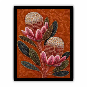 aboriginal dot art protea flower botanical wall art with earthy orange background