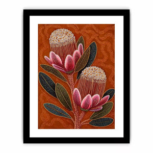 aboriginal dot art protea flower botanical wall art with earthy orange background