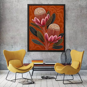 aboriginal dot art protea flower botanical wall art with earthy orange background