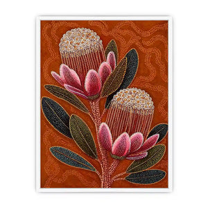 aboriginal dot art protea flower botanical wall art with earthy orange background