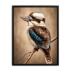 realistic kookaburra bird portrait perched on branch wall art canvas