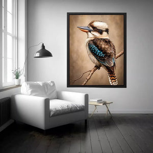realistic kookaburra bird portrait perched on branch wall art canvas