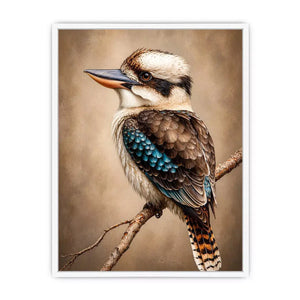 realistic kookaburra bird portrait perched on branch wall art canvas