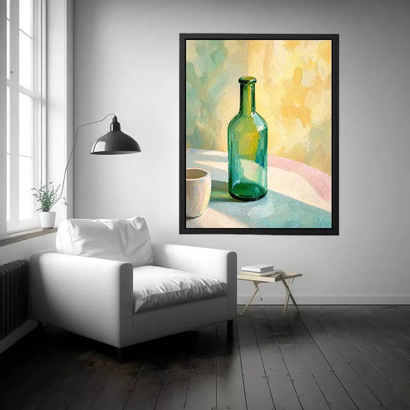 minimal pastel still life bottle painting wall art canvas with soft light