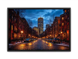 boston city street at night with lights and skyline wall art canvas