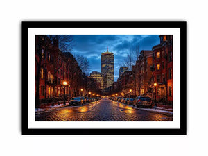 boston city street at night with lights and skyline wall art canvas