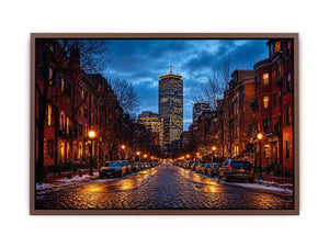 boston city street at night with lights and skyline wall art canvas