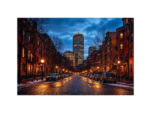 boston city street at night with lights and skyline wall art canvas